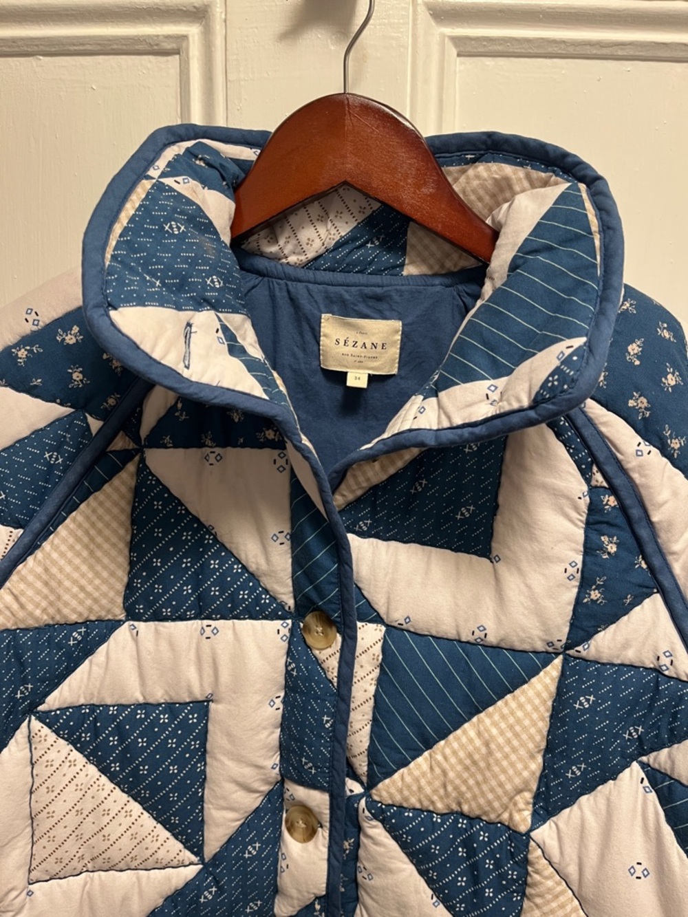 Sezane Leopold Blue & White Quilted Patchwork Jacket - Picture 5 of 5
